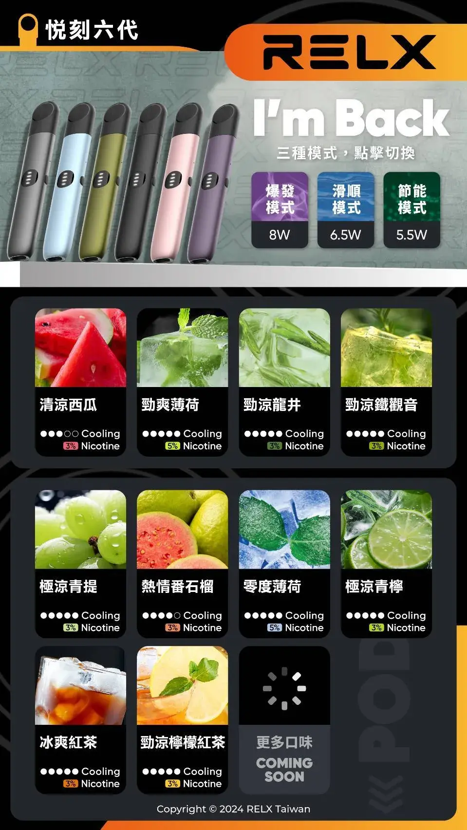 【買 5 盒送 RELX 主機】六代通用強效煙彈 地表最強福利組合!四/五/六代主機全方位適配 3%~5% 醇熟丁鹽交織出如絲綢般的擊喉體感 台灣現貨:圖片 2